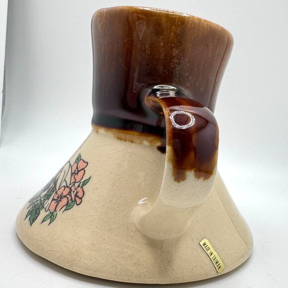 Arkansas Ceramic Pottery Mug Birds Flowers Spill-Proof Handle Brown Beige Vtg - Picture 6 of 6